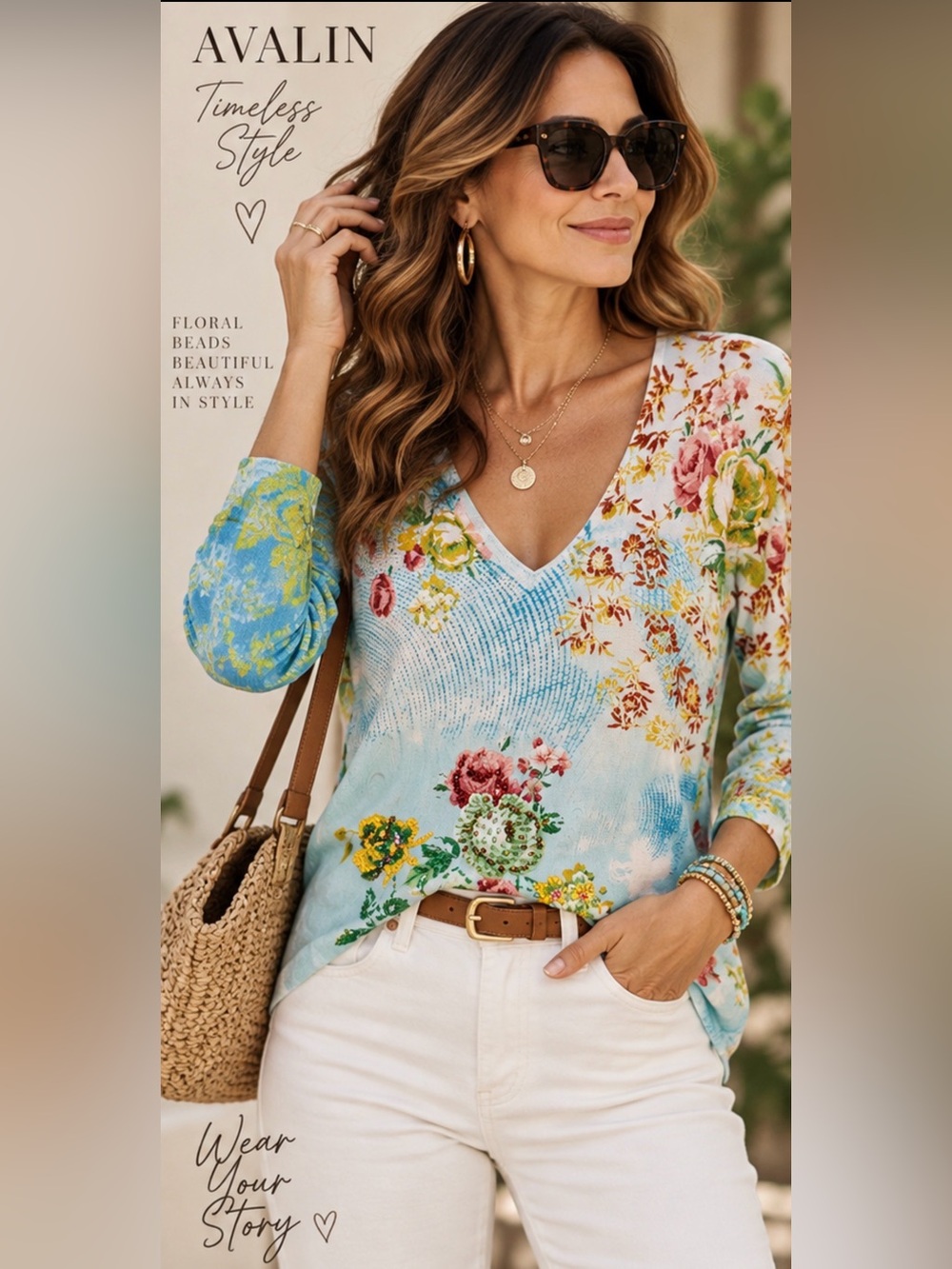 Avalin Beaded Floral V Neck Top Medium Blue Multicolor Sequin Boho